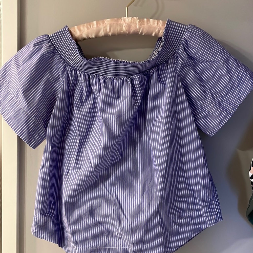 Off the shoulder J Crew pin stripe shirt